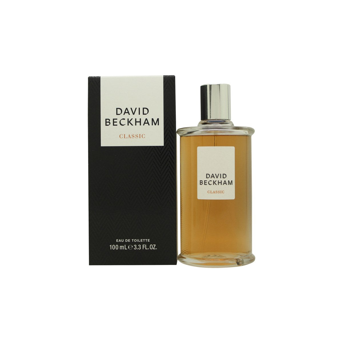 David Beckham Classic Eau de Toilette 100ml fra David & Victoria Beckham – klar glasflakon med ravfarvet indhold og sort låg
