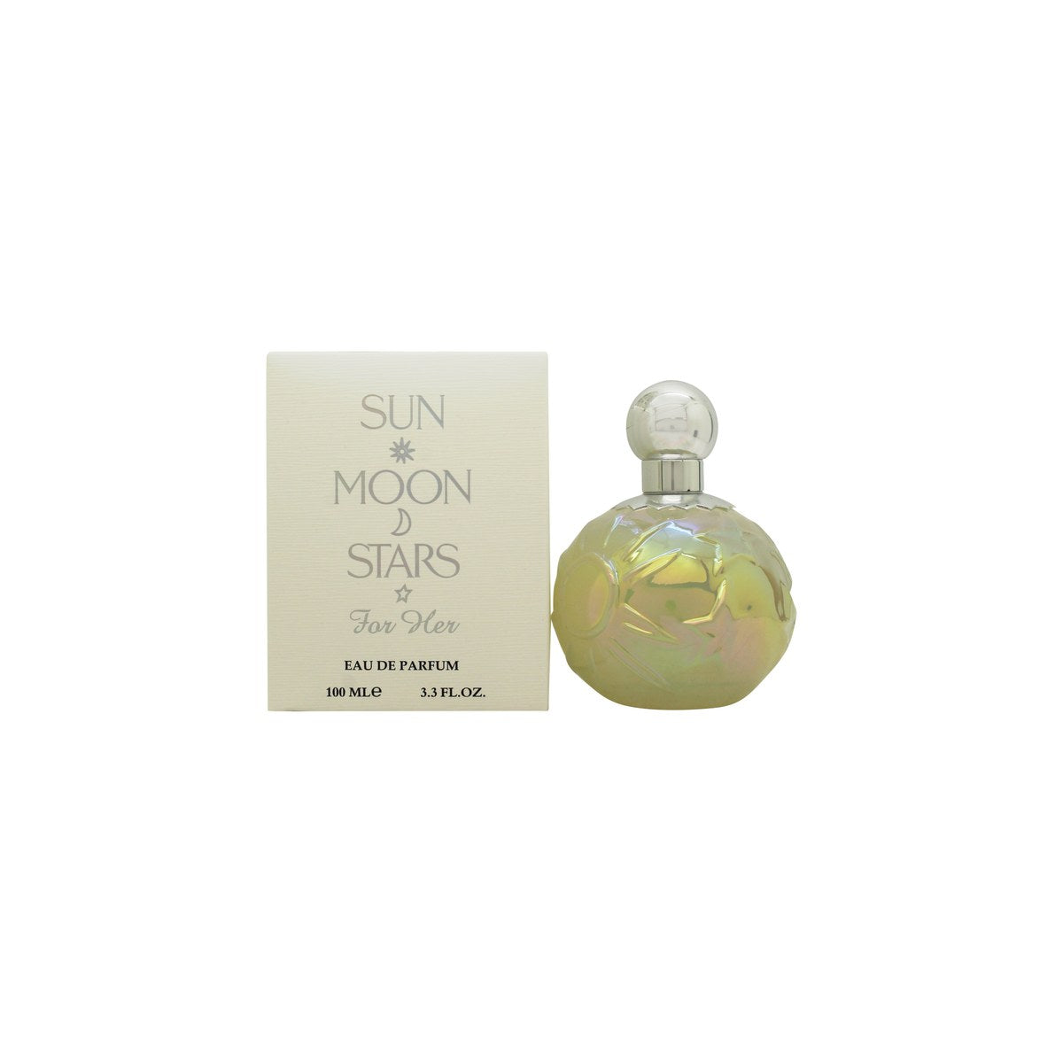 United Colors & Prestige Beauty Sun Moon Stars Eau de Parfum 100 ml, rund mørkeblå flakon med gyldne stjerner og solmotiv