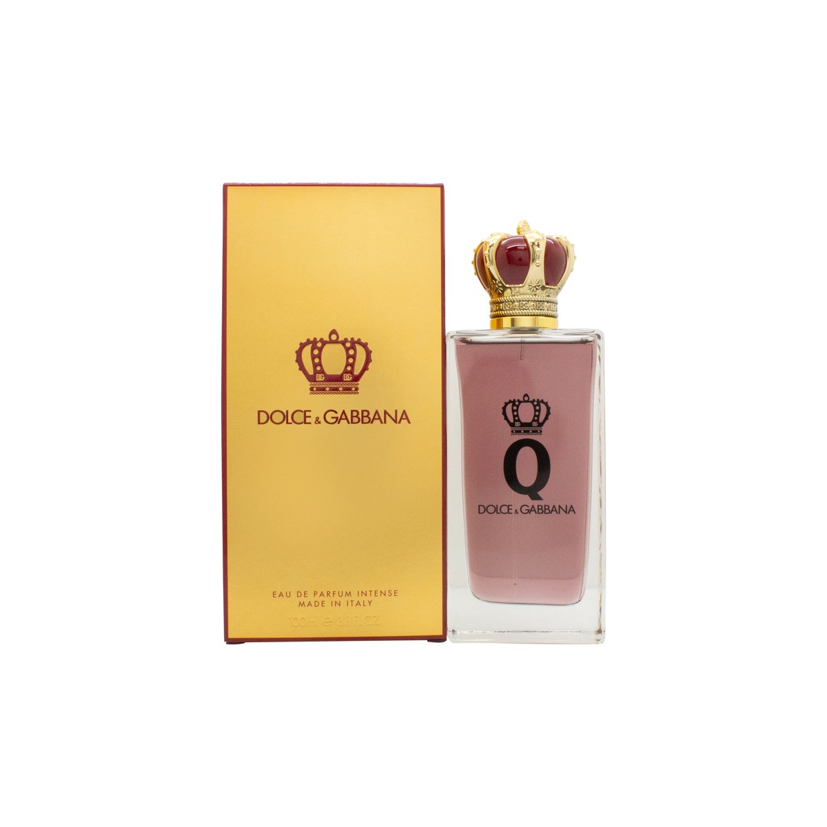 Dolce & Gabbana Q Eau de Parfum Intense 100 ml, Dolce & Gabbana – rubinrød flakon med guldkork formet som krone.