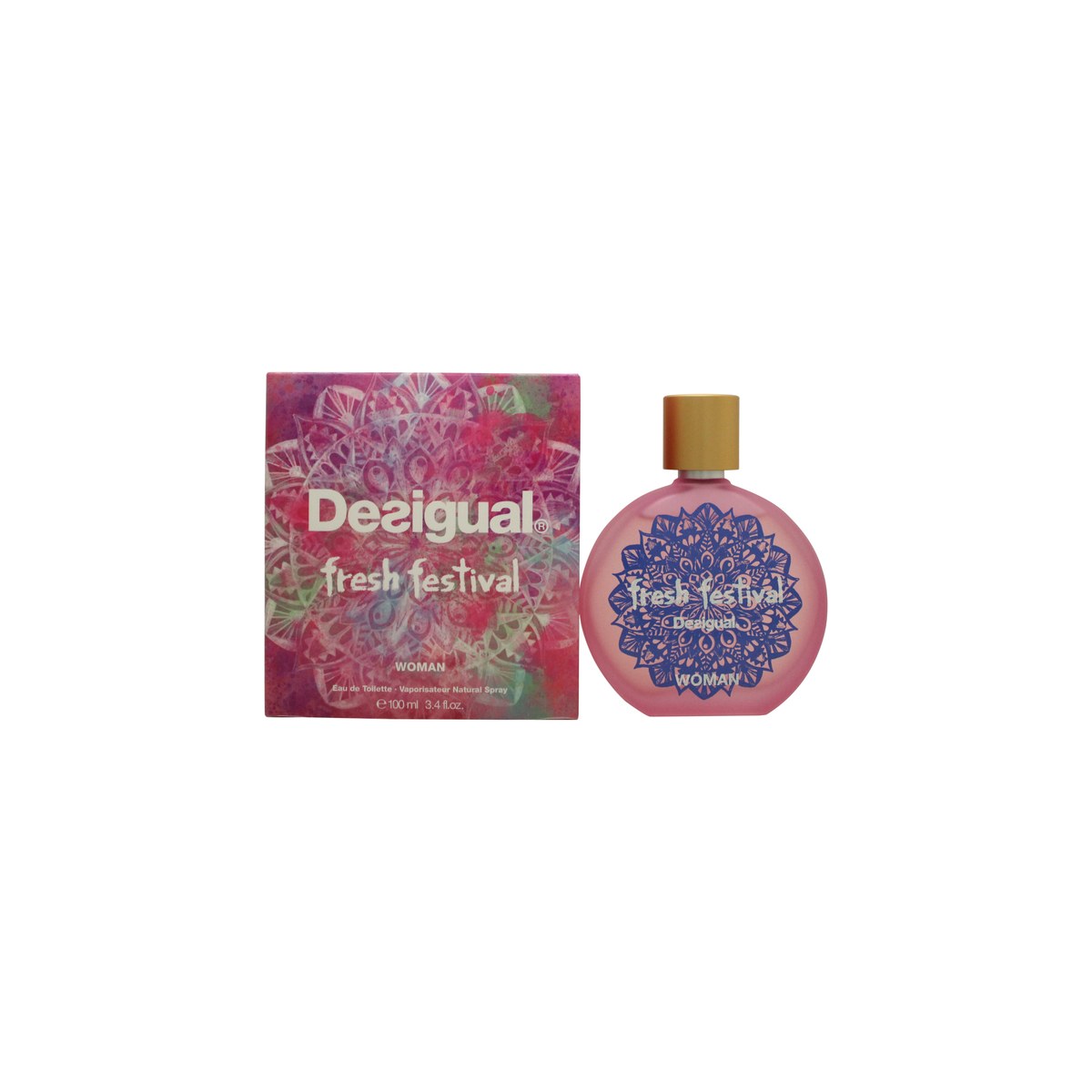 Desigual Fresh Festival Eau de Toilette 100 ml – rund turkis glasflaske med sort korkprop og farverigt print