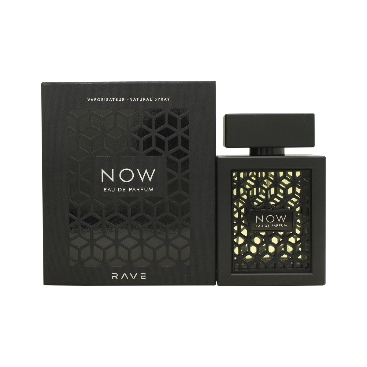 Rave Now Eau de Parfum 100 ml fra Rave, sort firkantet flakon med gyldne detaljer og minimalistisk design.