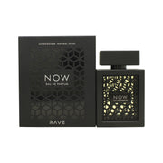 Rave Now Eau de Parfum 100 ml fra Rave, sort firkantet flakon med gyldne detaljer og minimalistisk design.
