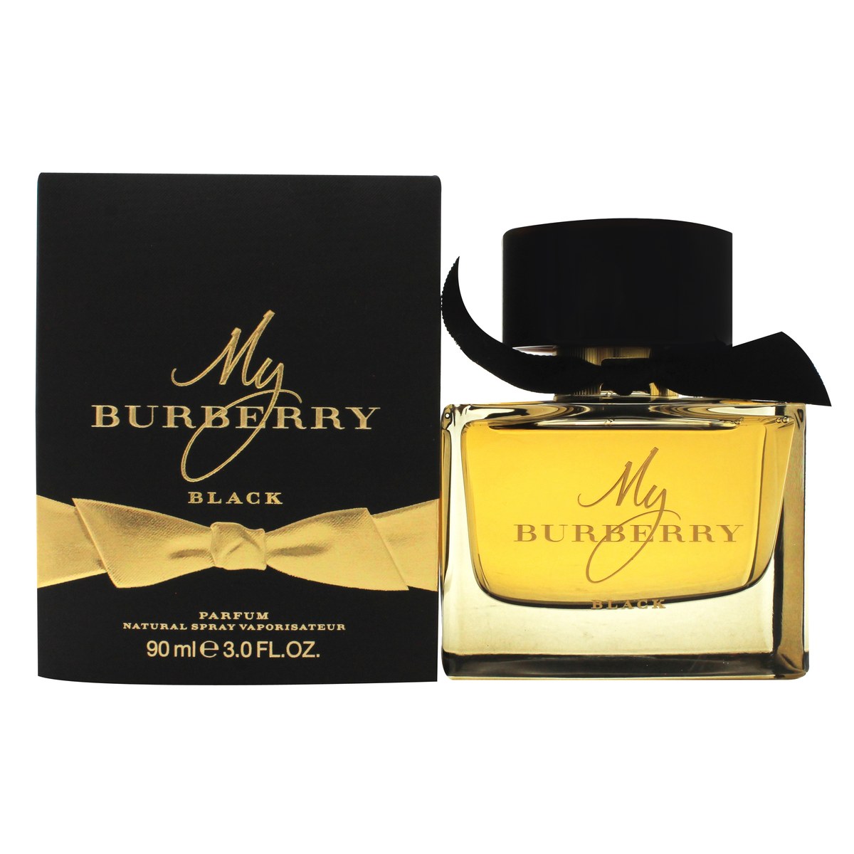 Burberry My Burberry Black Eau de Parfum 90 ml fra Burberry – mørk ravfarvet glasflaske med sort låg og sløjfe ved halsen.