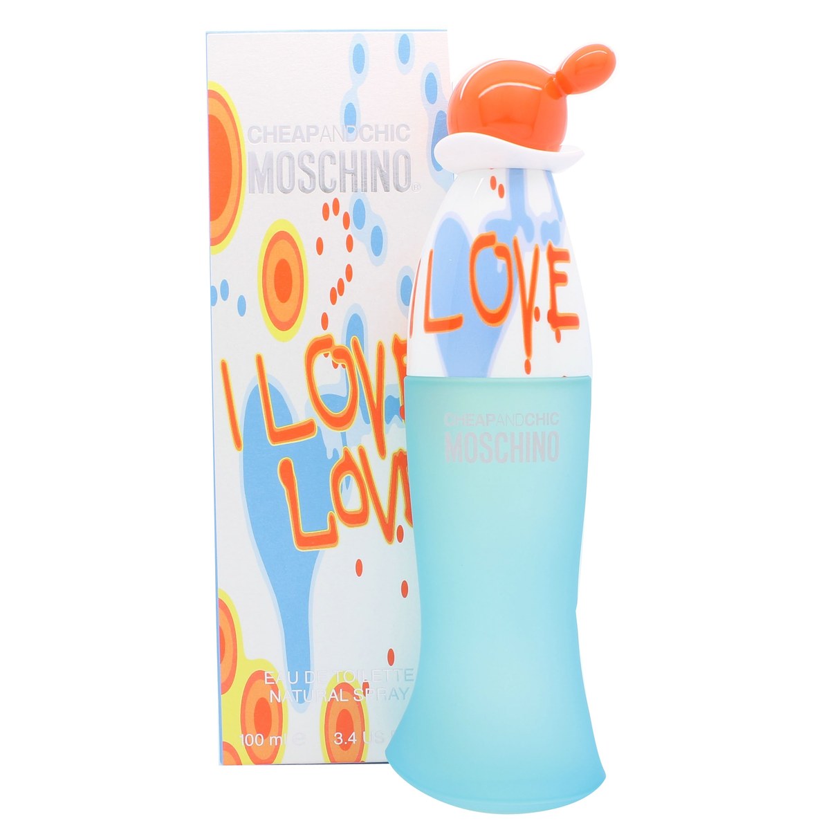 Cheap And Chic I Love Love Eau De Toilette Moschino 100 ml klar cylindrisk glasflaske med orange duft, sølvfarvet låg og legende design