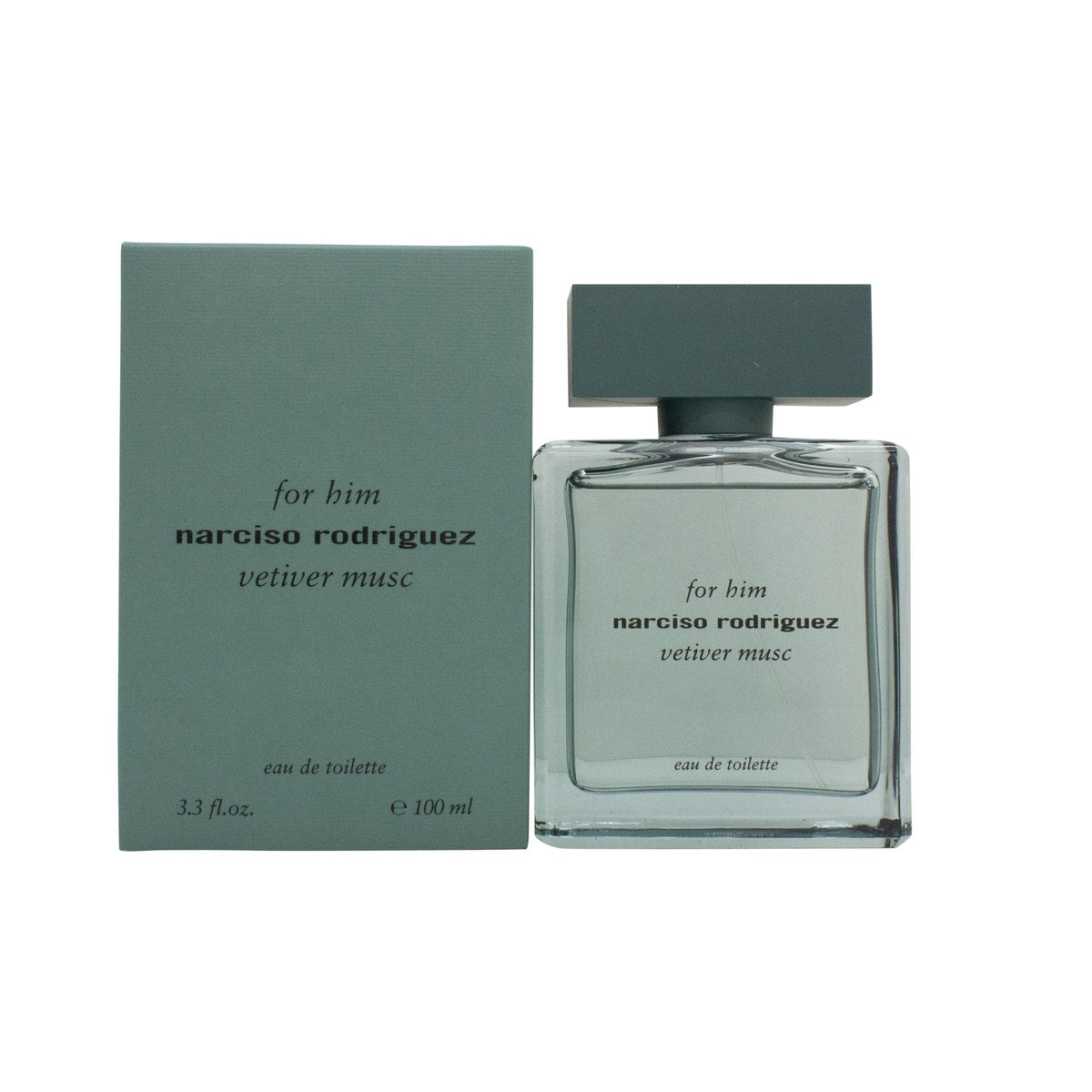 For Him Vetiver Musc Eau De Toilette, Narciso Rodriguez, 100 ml – transparent aqua grøn flaske i glas med mat sort låg