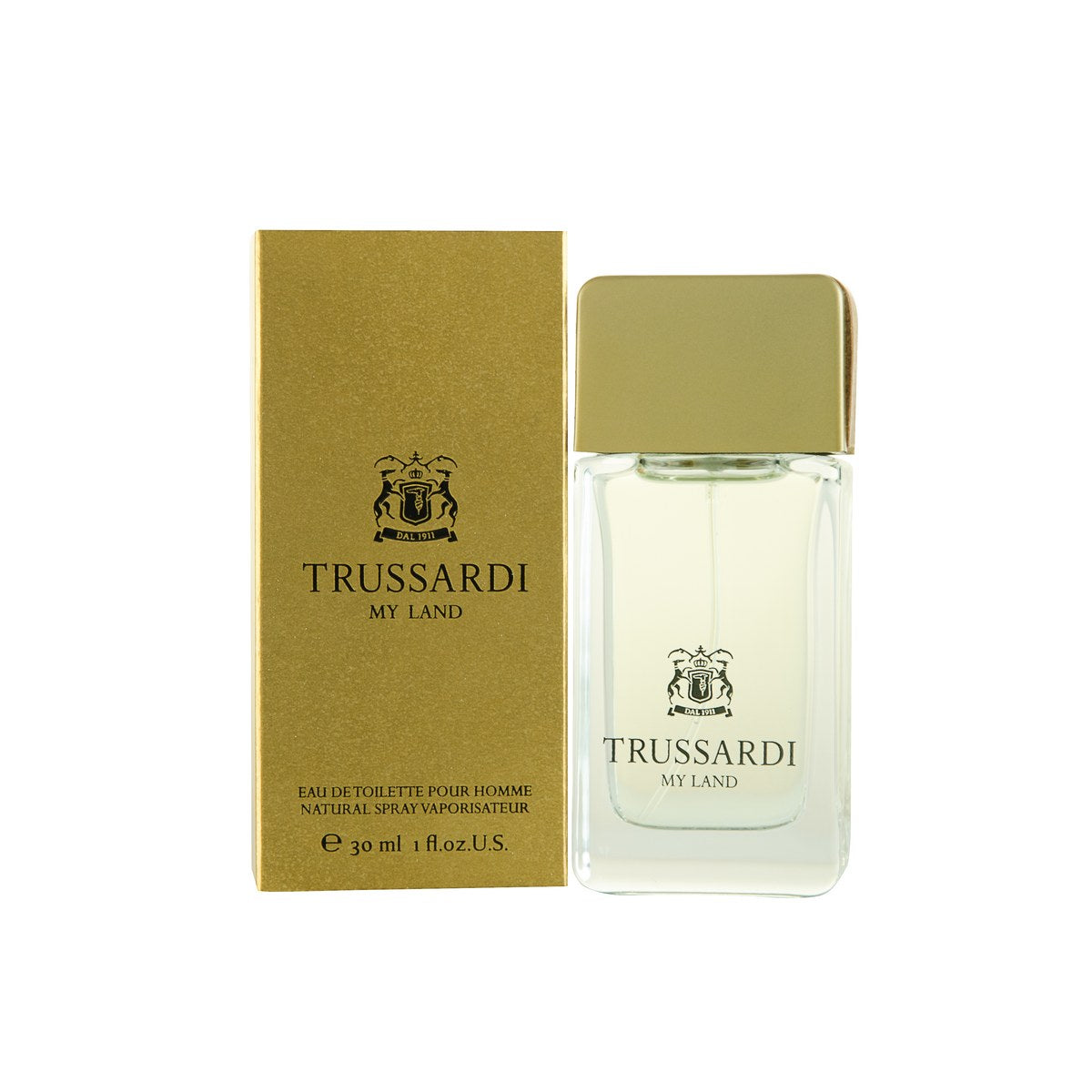 Trussardi My Land Eau de Toilette 30 ml fra Trussardi i klar, firkantet glasflaske med brun læderkapsel og sølvlogo