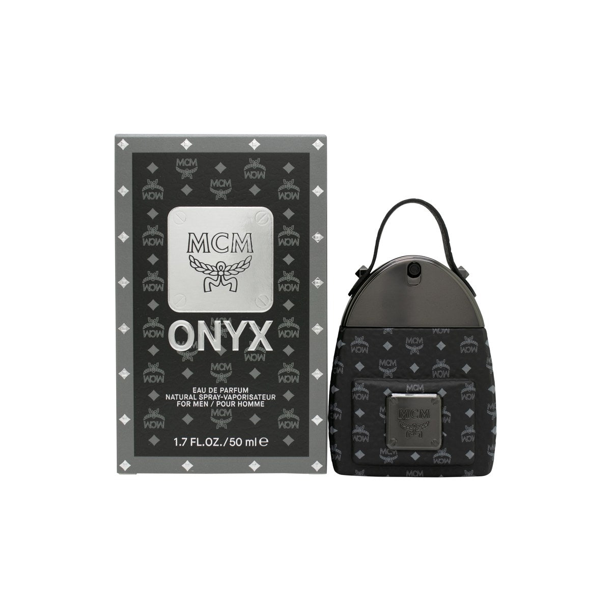 MCM Onyx Eau de Parfum 50 ml, sort cylindrisk flakon i blank onyxfinish med sølvdetaljer og minimalistisk design