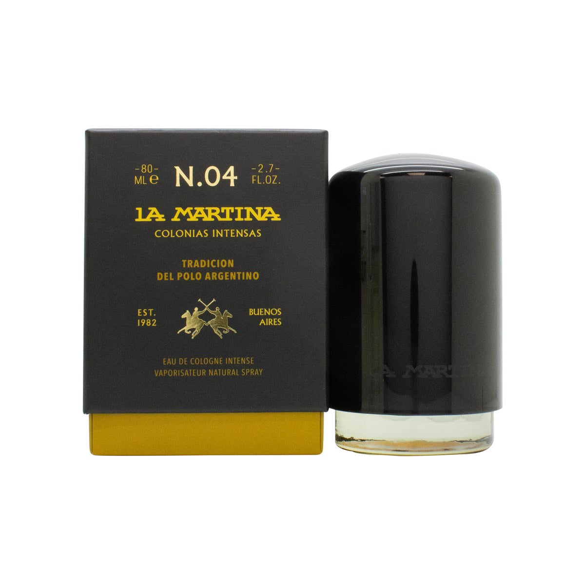 La Martina Solar Musk Eau de Cologne 80 ml, La Martina – klar cylindrisk glasflaske med gylden duft og sølvfarvet låg