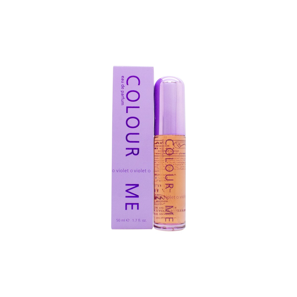Milton Lloyd Colour Me Violet Eau de Parfum 50 ml, cylinderformet lilla flakon i metal med hvid typografi og sølvdetaljer.