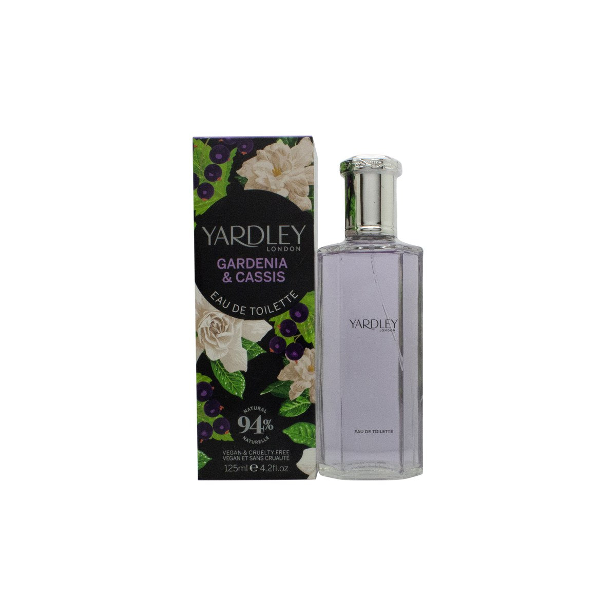 Yardley Gardenia & Cassis Eau de Toilette, Yardley 125 ml – klar glasflaske med sølvkork og blomstret etiket i lilla toner