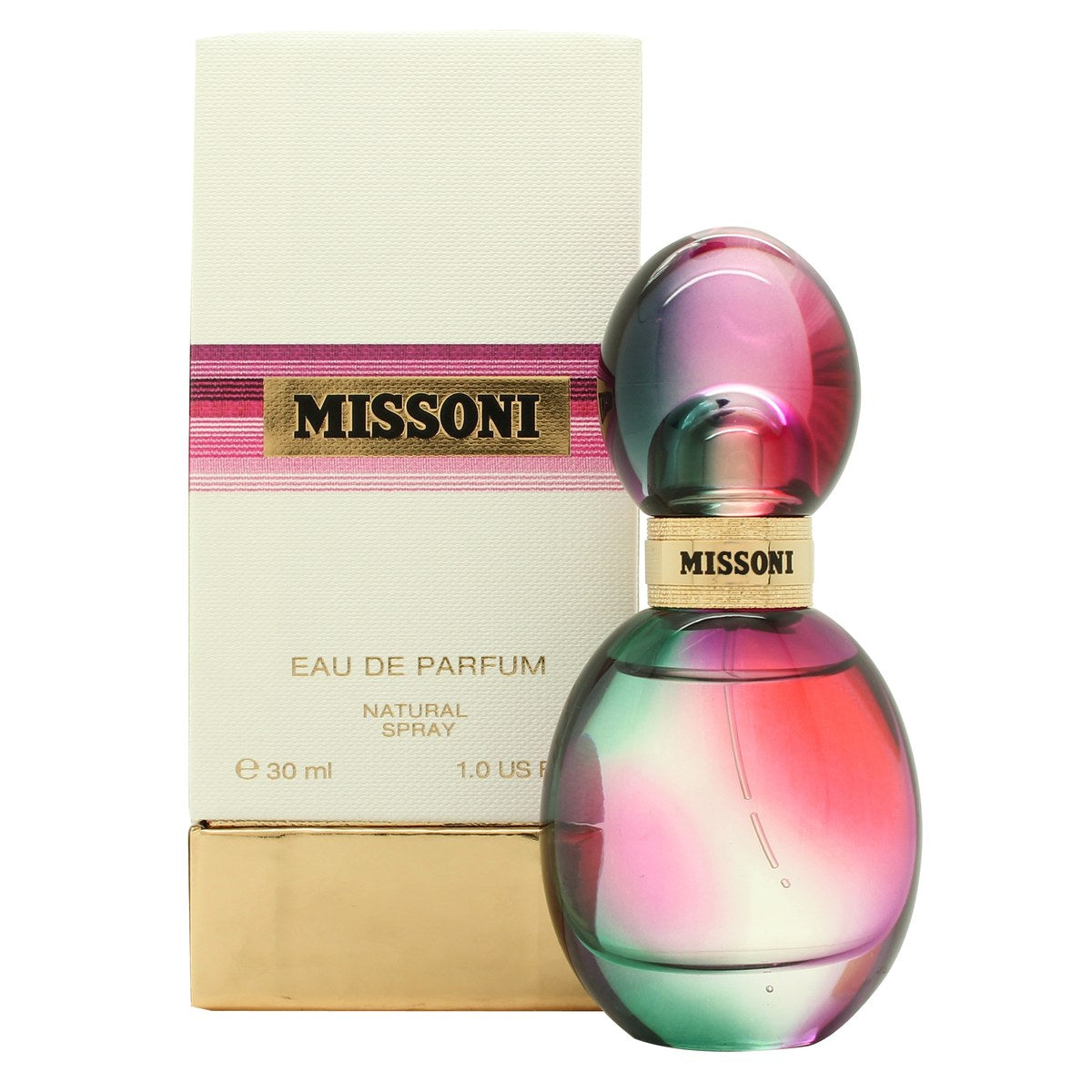 Missoni (2015) Eau de Parfum 30 ml – elegant rund glasflakon i farvet zigzag-mønster og gyldent låg