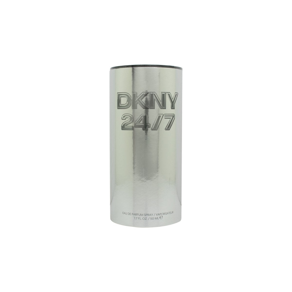 DKNY 24/7 For Her Eau de Parfum 50 ml – slank, cylindrisk glasflaske i klar med sølvtonet låg og minimalistisk logo