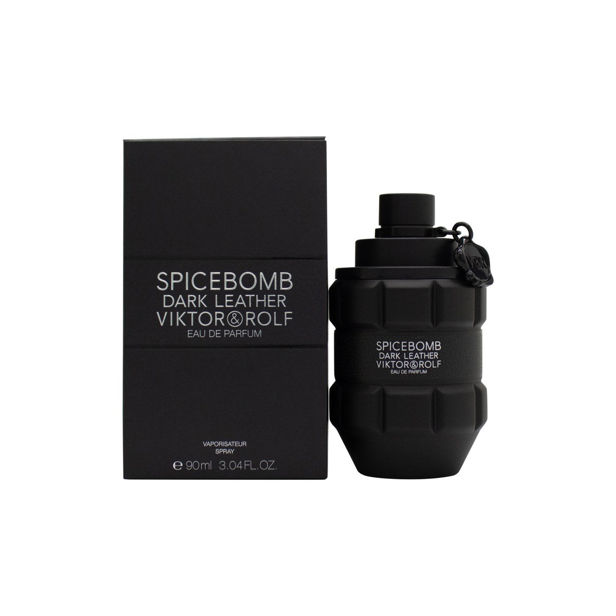 Viktor & Rolf Spicebomb Dark Leather Eau de Parfum 90 ml i mat sort granatformet flakon med læderdetalje og metalring.