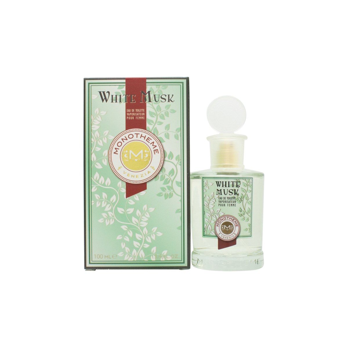 Monotheme White Musk Eau de Toilette 100ml fra Monotheme i klar glasflaske med sort låg og hvid etiket, minimalistisk design.