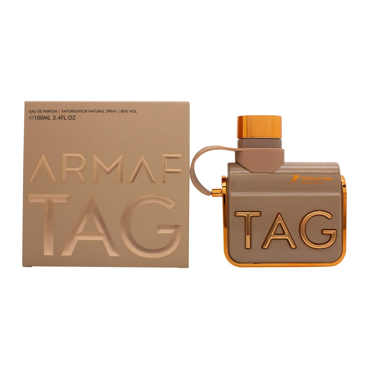 Armaf Tag Her Donna Di Terra Eau de Parfum, Armaf, 100 ml – klar glasflakon med blød rosa tone og gyldent låg i rektangulært design