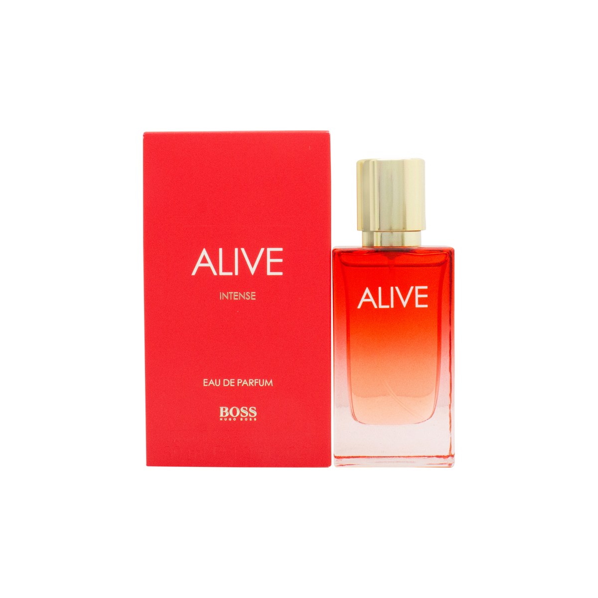 Hugo Boss Alive Intense Eau de Parfum 30 ml – rektangulær ravfarvet glasflaske med guldrammet kant og gyldent låg