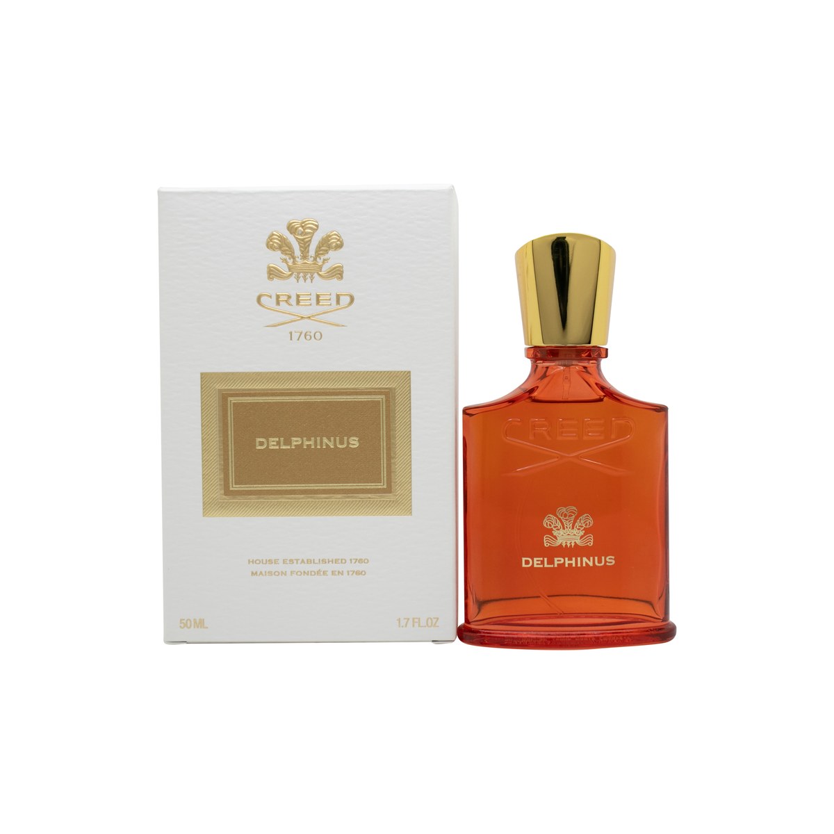Creed Delphinus Eau de Parfum 50 ml, Creed – mørkeblå, ovalt flakon med sølvfarvet låg og klassisk våbenskjold.