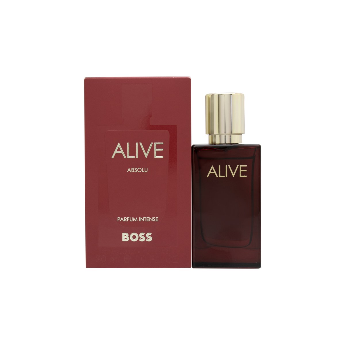 Hugo Boss Alive Absolu Eau de Parfum 30 ml, Hugo Boss – ravfarvet glasflakon med firkantet form og gyldent låg