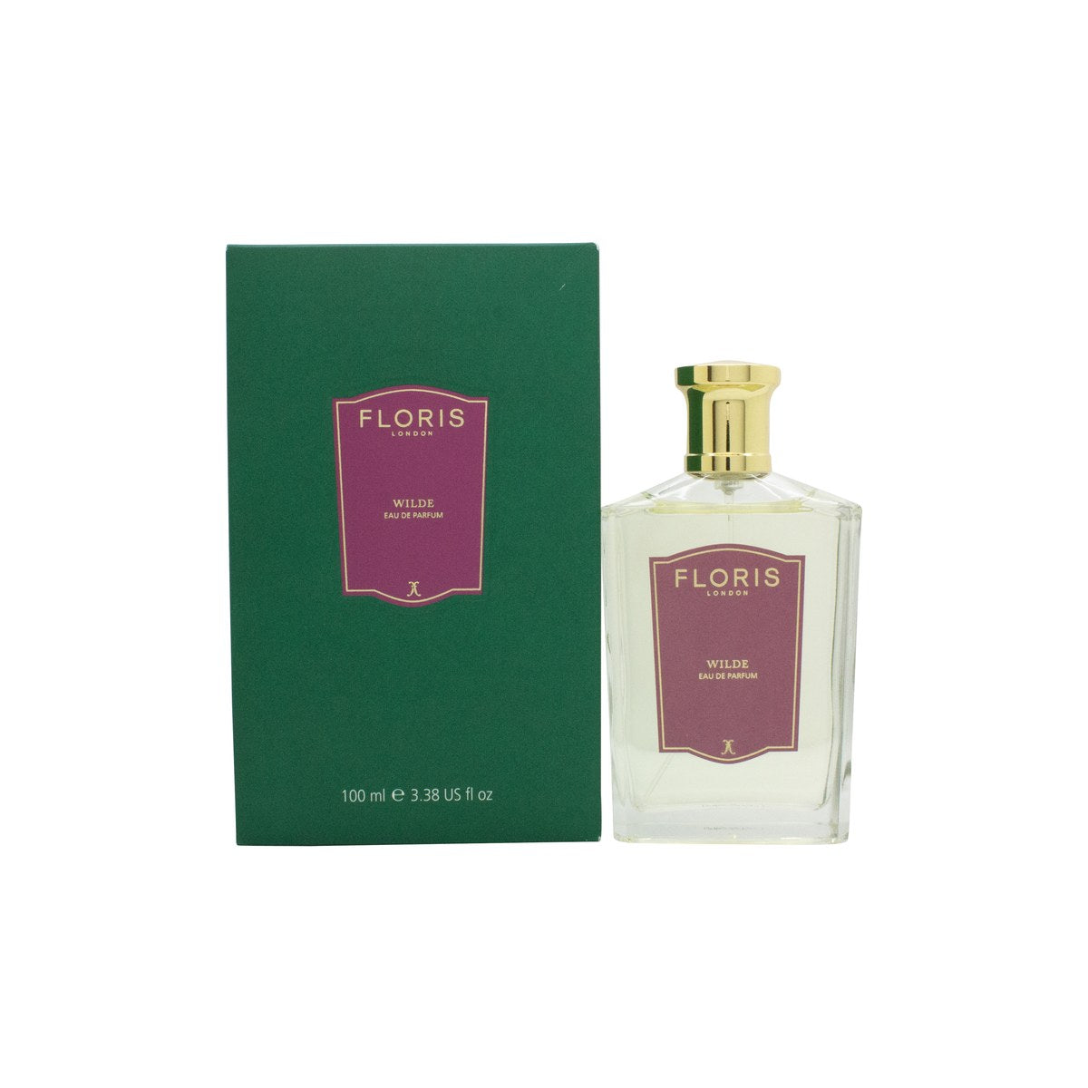 Floris Wilde Eau de Parfum, Floris, 100 ml – klar glasflaske med sort låg og enkel hvid etiket i klassisk design