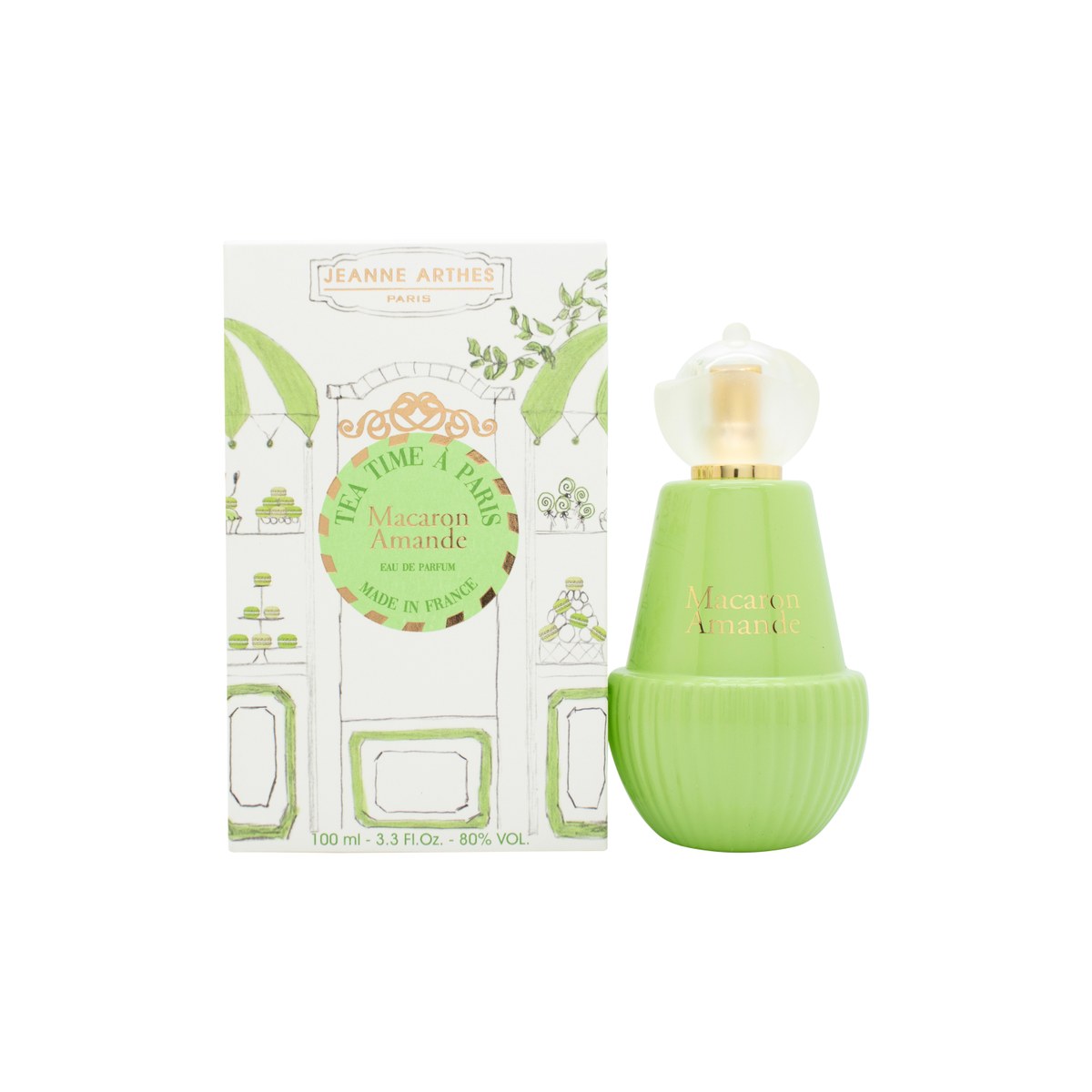 Jeanne Arthes Macaron Amande Eau de Parfum 100 ml flakon i blød pastel med rund form og gyldent låg