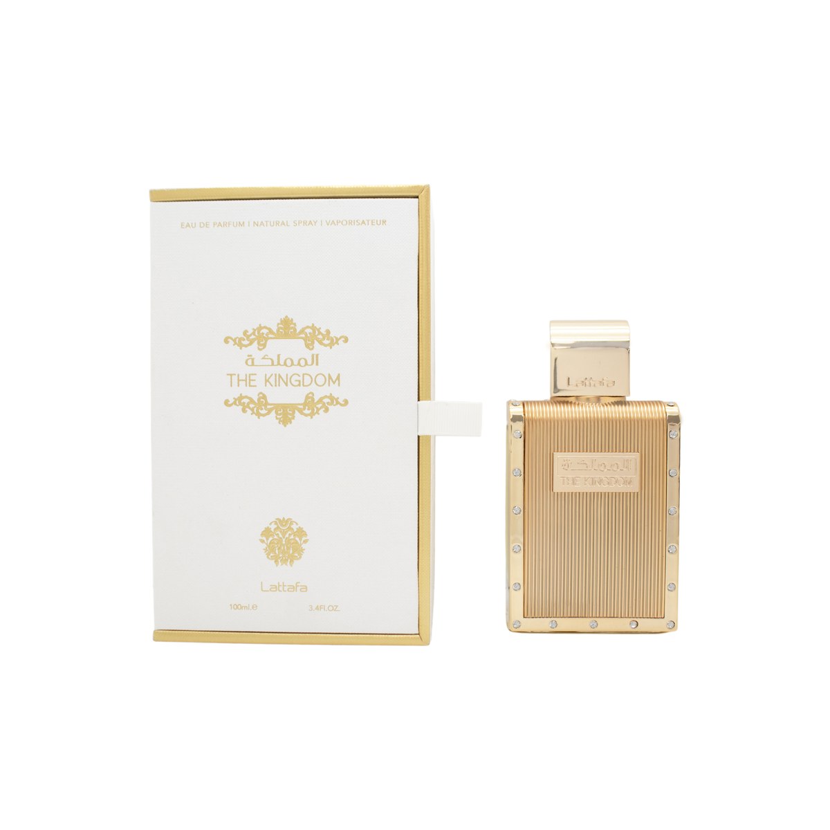 Lattafa The Kingdom Eau de Parfum 100 ml, Lattafa – mørkeblå rektangulær flakon med gyldent kronelåg og emblem.