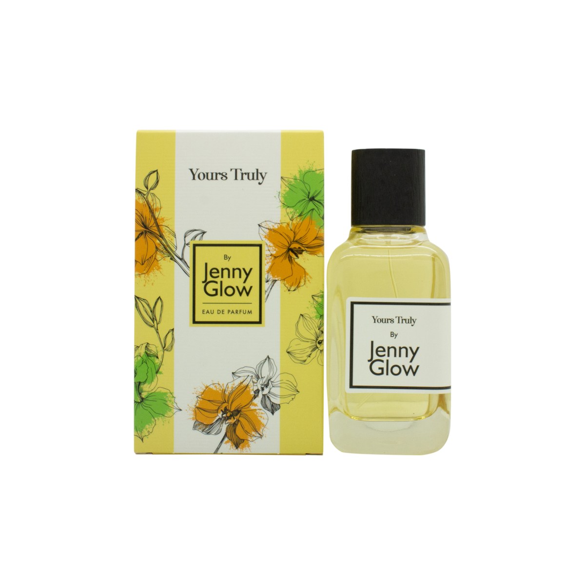 Jenny Glow Yours Truly Eau De Parfum 80 ml – klar rektangulær glasflaske med sølvfarvet låg og hvid etiket i enkelt design