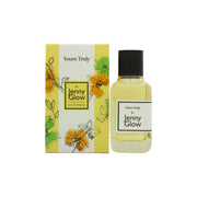 Jenny Glow Yours Truly Eau De Parfum 80 ml – klar rektangulær glasflaske med sølvfarvet låg og hvid etiket i enkelt design