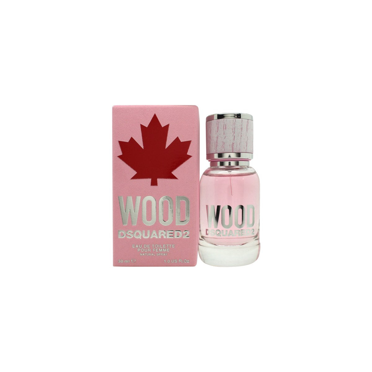 DSquared2 Wood For Her Eau de Toilette 30 ml fra DSquared², klar glasflaske med lys rosa duft og mørkt trælåg i enkelt design