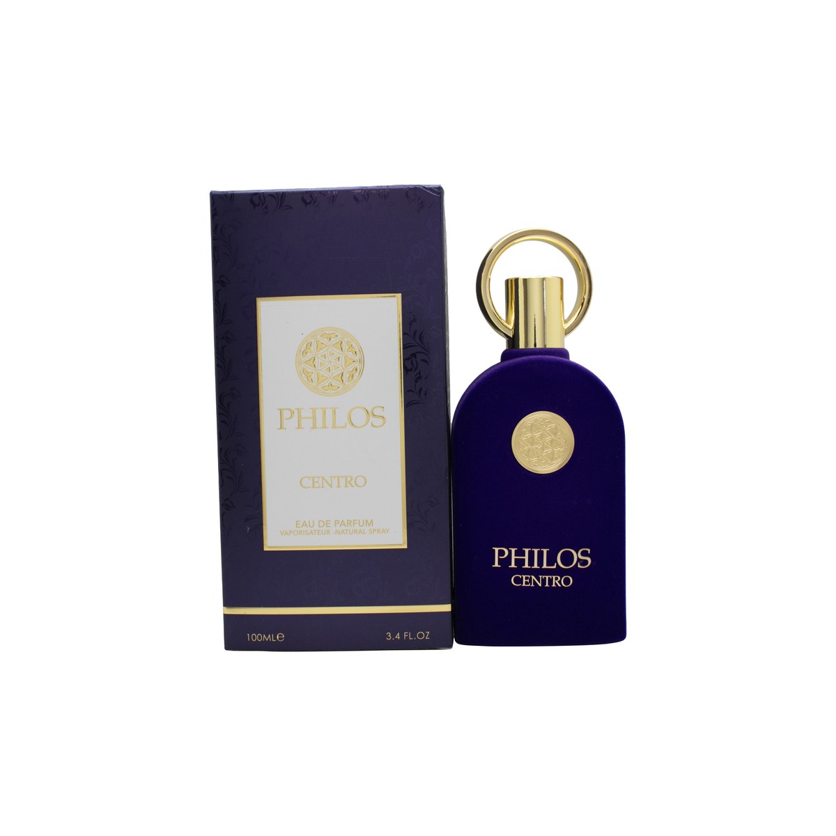 Maison Alhambra Philos Centro Eau de Parfum 100 ml, ravfarvet rektangulær glasflaske med sort låg og gylden etiket.
