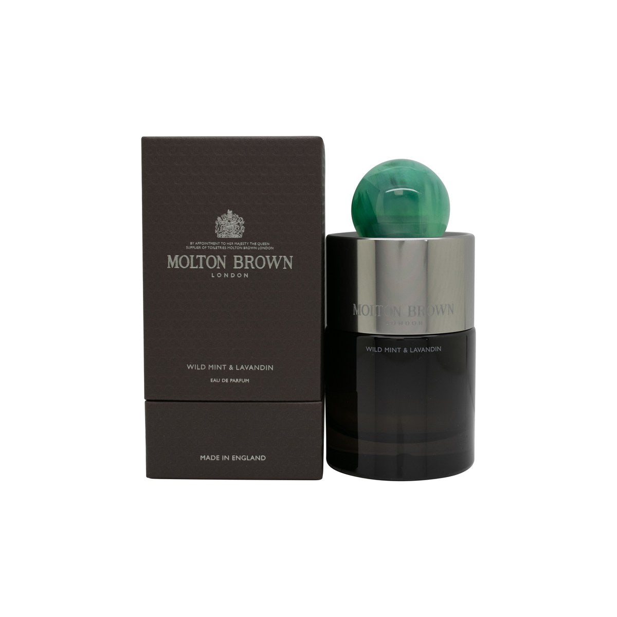 Molton Brown Wild Mint & Lavandin Eau de Parfum 100 ml – klar, cylindrisk glasflaske med sølv låg og grøn detalje