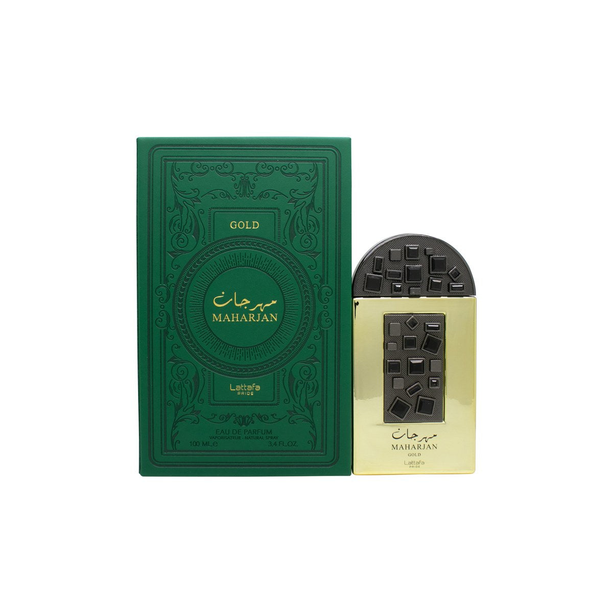Lattafa Maharjan Gold Eau de Parfum 100 ml fra Lattafa, gylden rektangulær flakon med orientalsk mønster og tungt låg