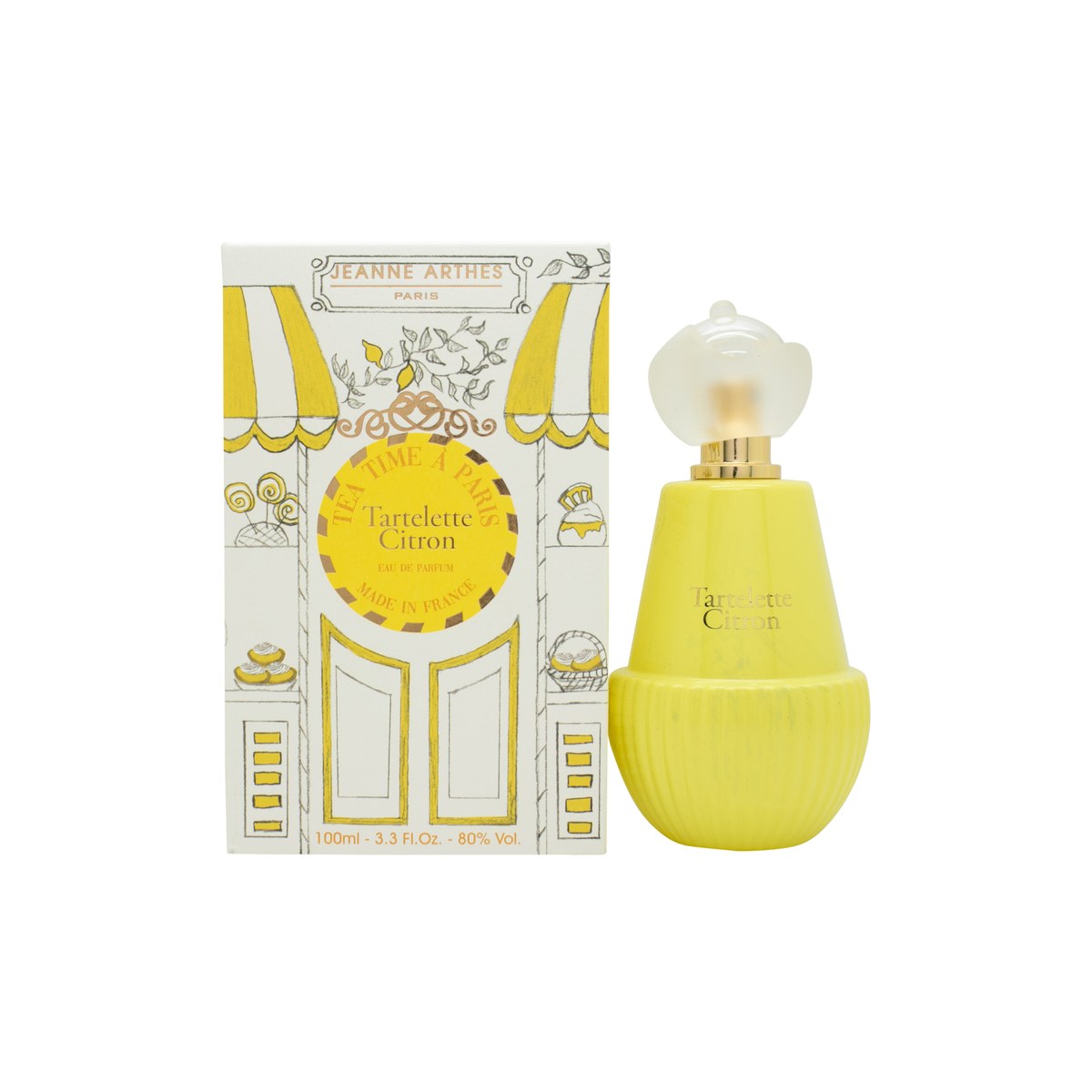 Jeanne Arthes Tea Time à Paris Tartelette Citron Eau de Parfum 100 ml, glasflaske med lysegul væske og pastelfarvet etiket
