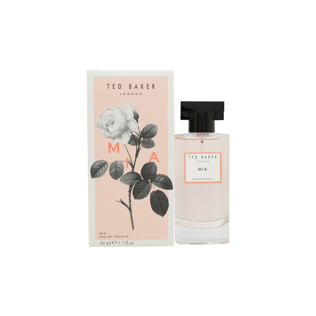 Ted Baker Mia Eau de Toilette 50 ml fra Ted Baker, lyserød oval glasflaske med sort sløjfe og rosagulddetaljer