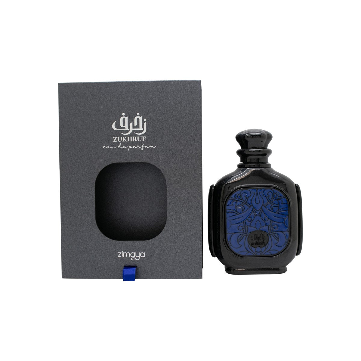 Zimaya Zukhruf Black Eau de Parfum 100ml – sort, firkantet flakon med gyldne detaljer og orientalsk mønster på fronten.