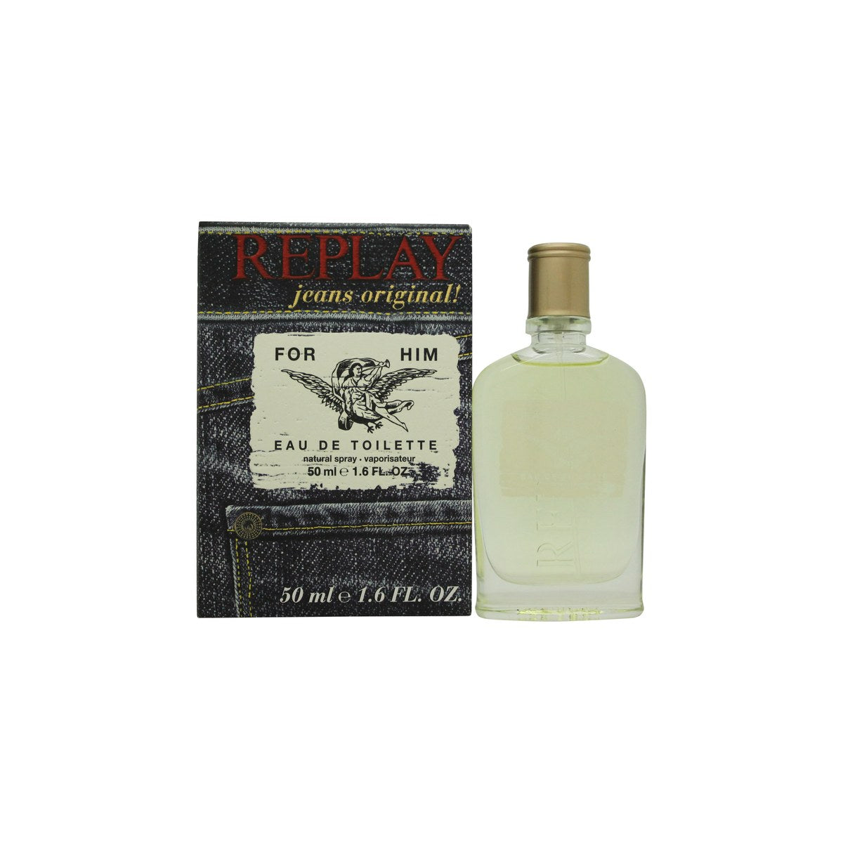 Replay Jeans Original for Him Eau de Toilette 50 ml – blå denim-inspireret glasflakon med sølvfarvet metalhætte og logoetiket