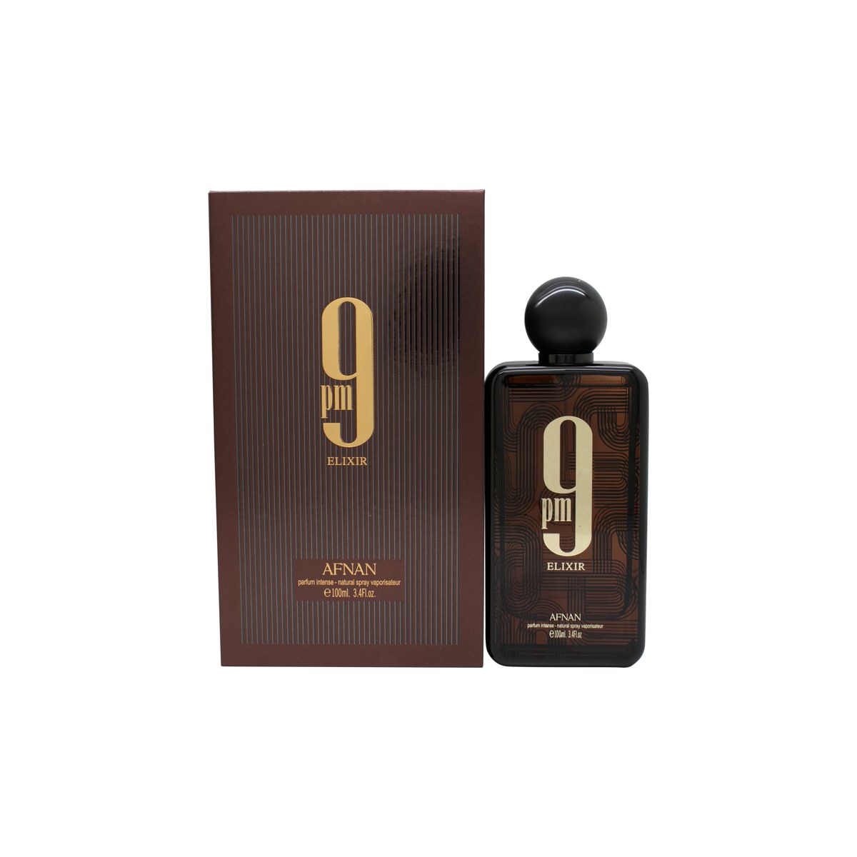 Afnan 9PM Elixir Extrait de Parfum, Afnan, 100 ml – mørk lilla, firkantet flakon med sort låg og gyldne detaljer