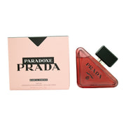 Prada Paradoxe Radical Essence Eau de Parfum, Prada, 90 ml – trekantet ravfarvet glasflakon med sort logo og blank sort låg