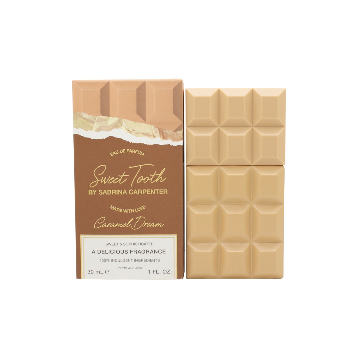 Sabrina Carpenter Sweet Tooth Caramel Dream Eau de Parfum 30 ml – lyserød, chokoladeindpakket flakon med gyldent låg