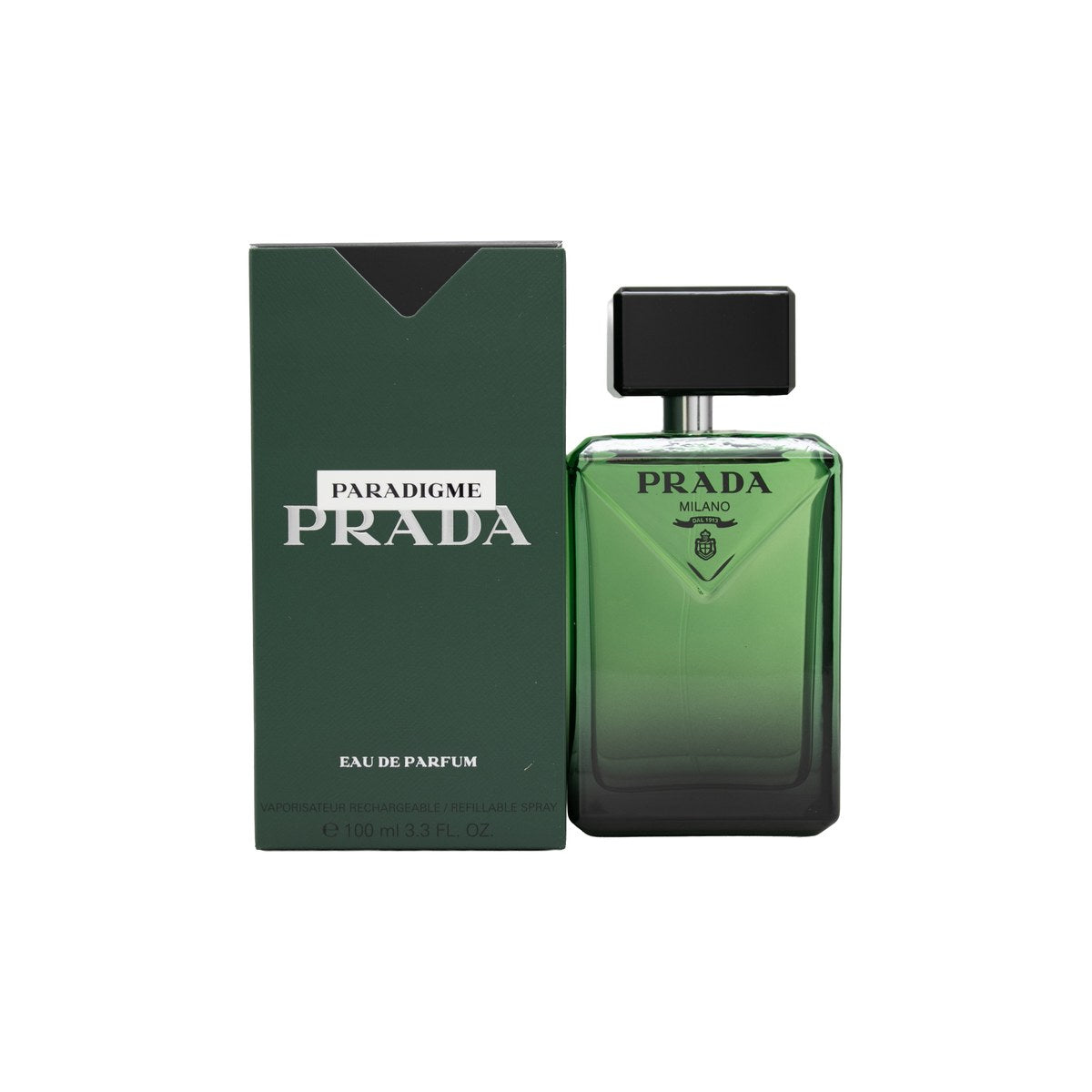 Prada Paradigme Eau de Parfum 100ml, Prada 100 ml flakon i trekantet glas med rosa duft og sort låg, minimalistisk design