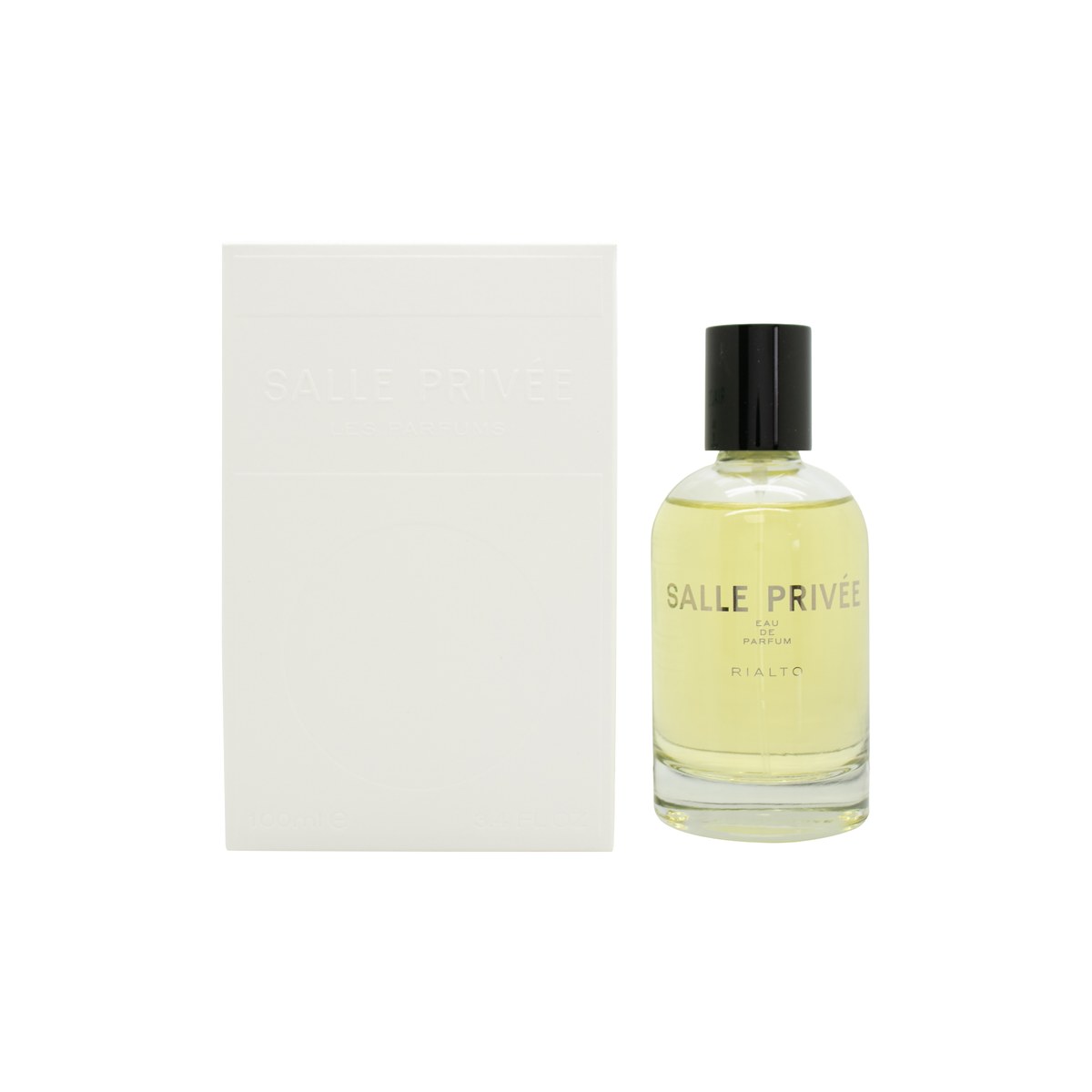 Salle Privée Rialto Eau de Parfum 100 ml – klar rektangulær glasflaske med gylden duft og sort minimalistisk låg