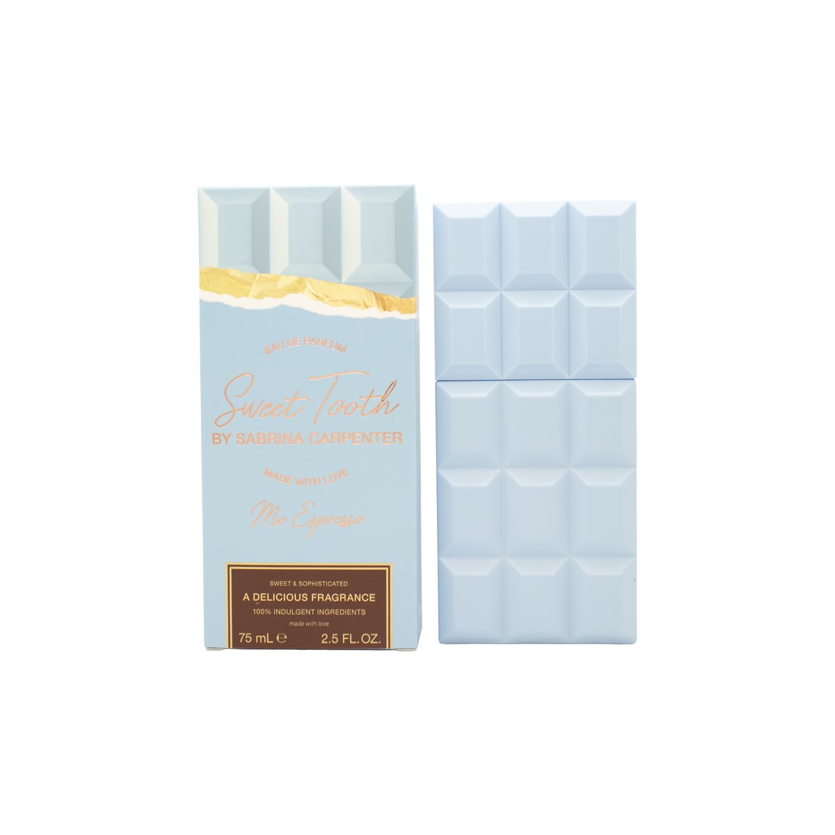 Sabrina Carpenter Sweet Tooth Me Espresso Eau de Parfum 75 ml – mørkebrun flakon formet som chokoladebar med tekstdetaljer.