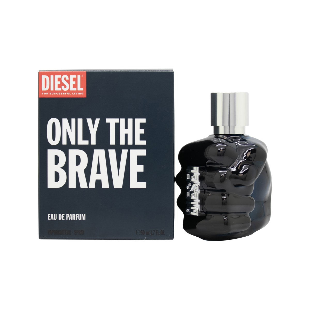 Diesel Only the Brave Eau de Parfum 50ml, Diesel – mørkeblå knytnæveformet flakon i glas med sølvdetaljer og logo