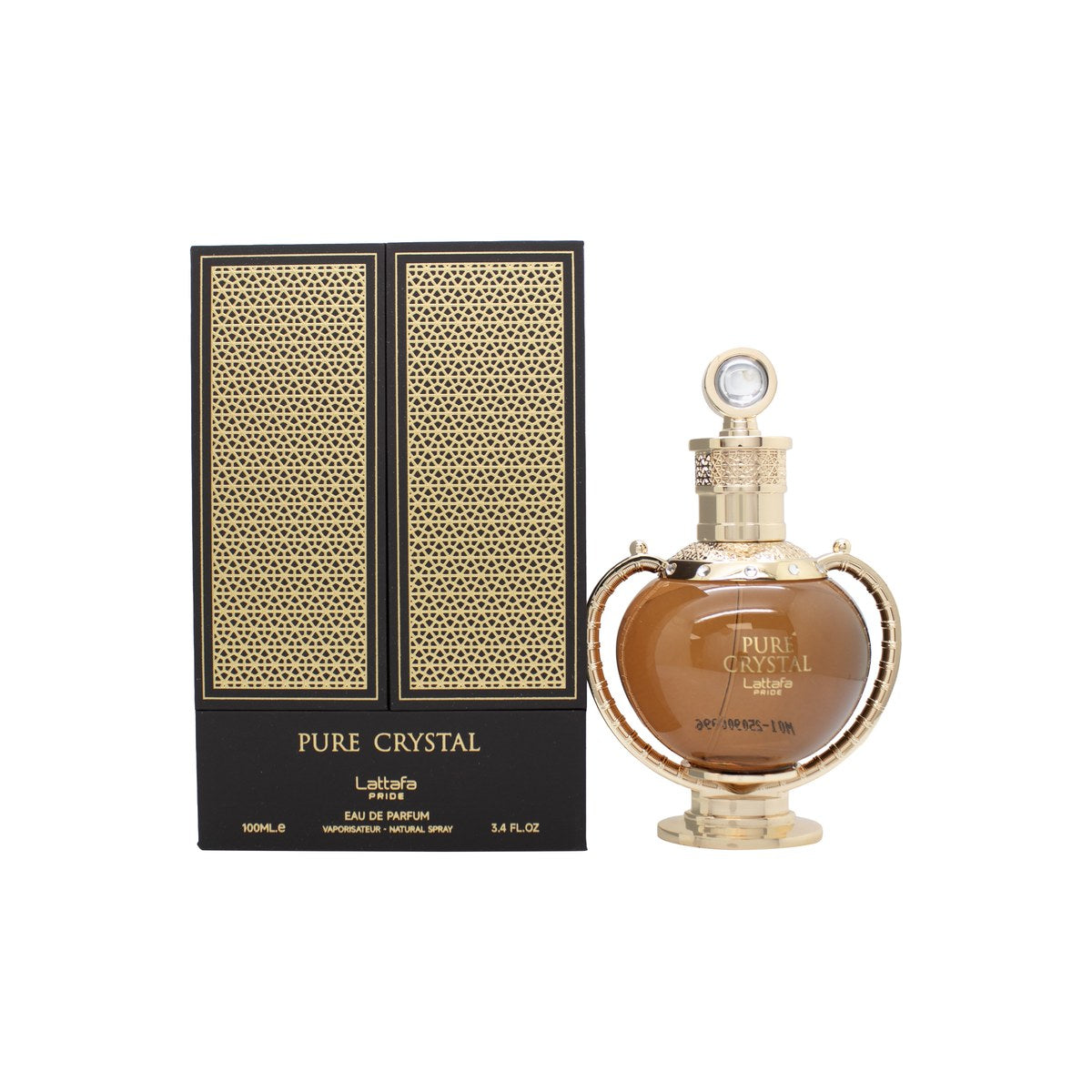 Lattafa Pure Crystal Eau de Parfum 100 ml fra Lattafa, klar krystalinspireret flakon med sølvdetaljer og geometrisk låg