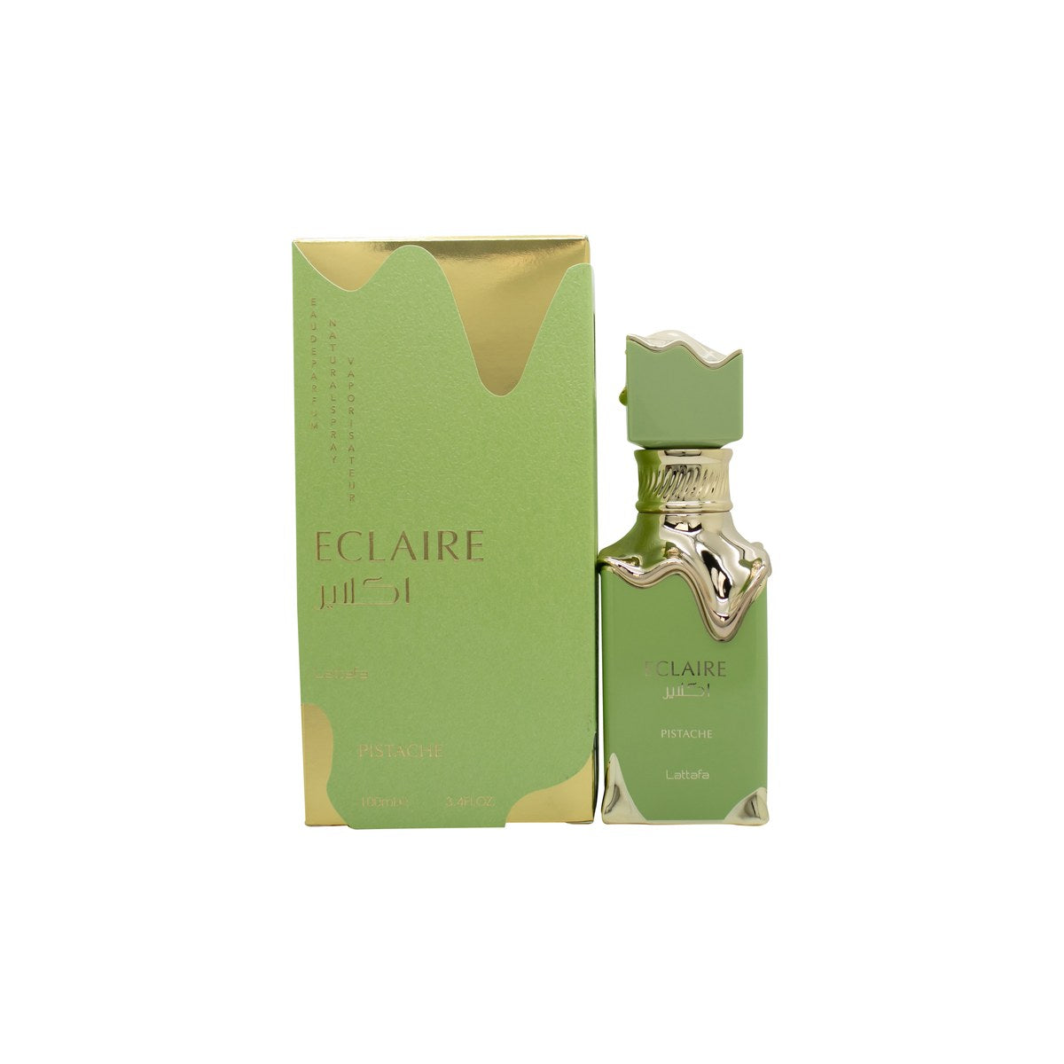 Lattafa Eclaire Pistache Eau de Parfum 100ml fra Lattafa i 100 ml flakon i pistaciegrøn med guldkork og elegant etikette