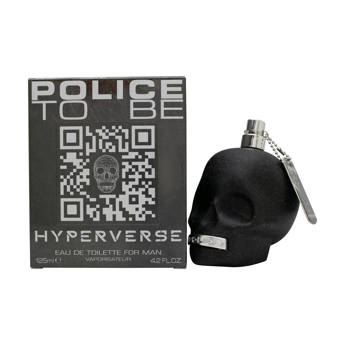 Police To Be Hyperverse Eau de Parfum 125 ml – sort kranieformet flakon med neonfarvede grafiske linjer og blank finish