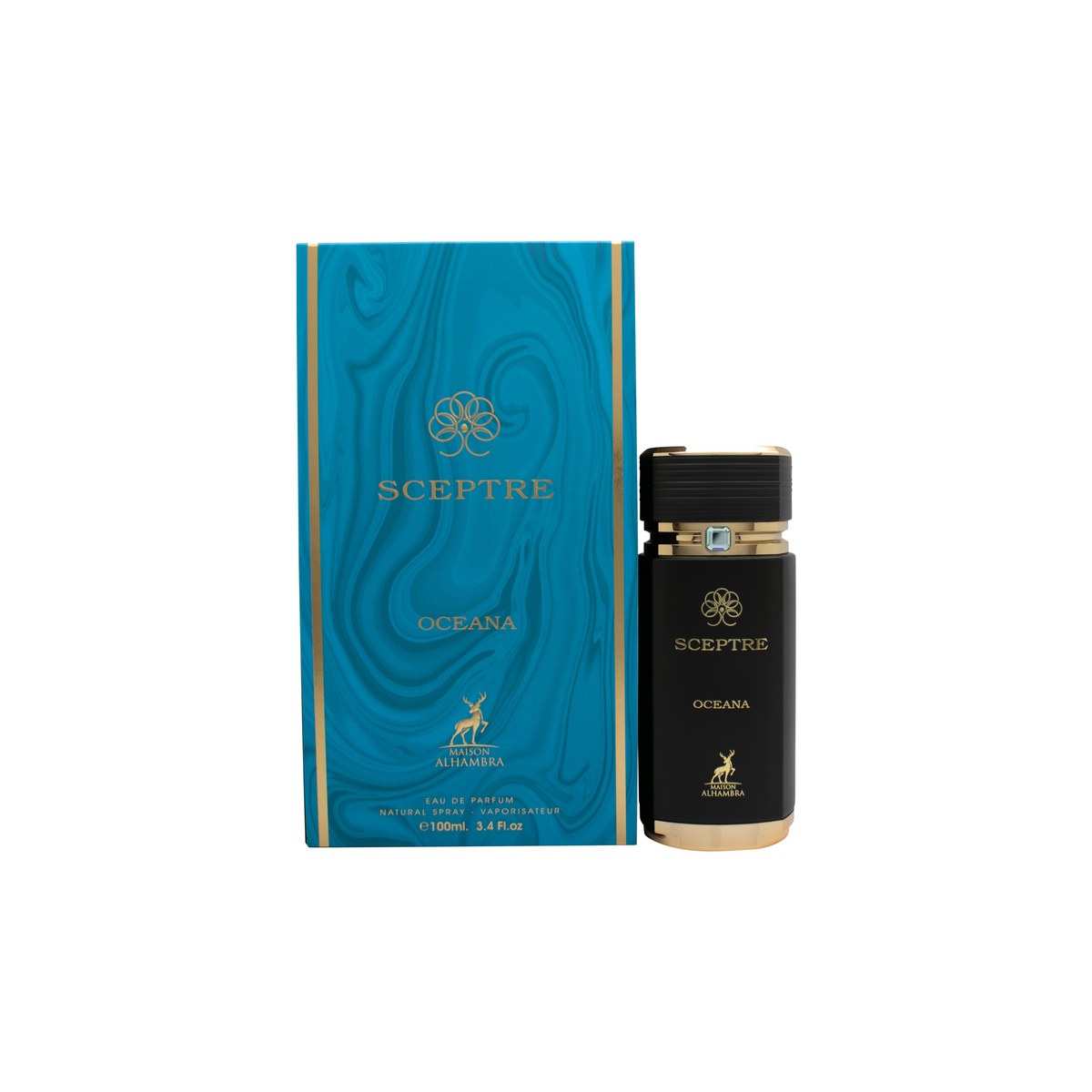 Maison Alhambra Sceptre Oceana Eau de Parfum 100 ml – flakon i dybblå glas med gyldent skjoldformet emblem og rund hætte