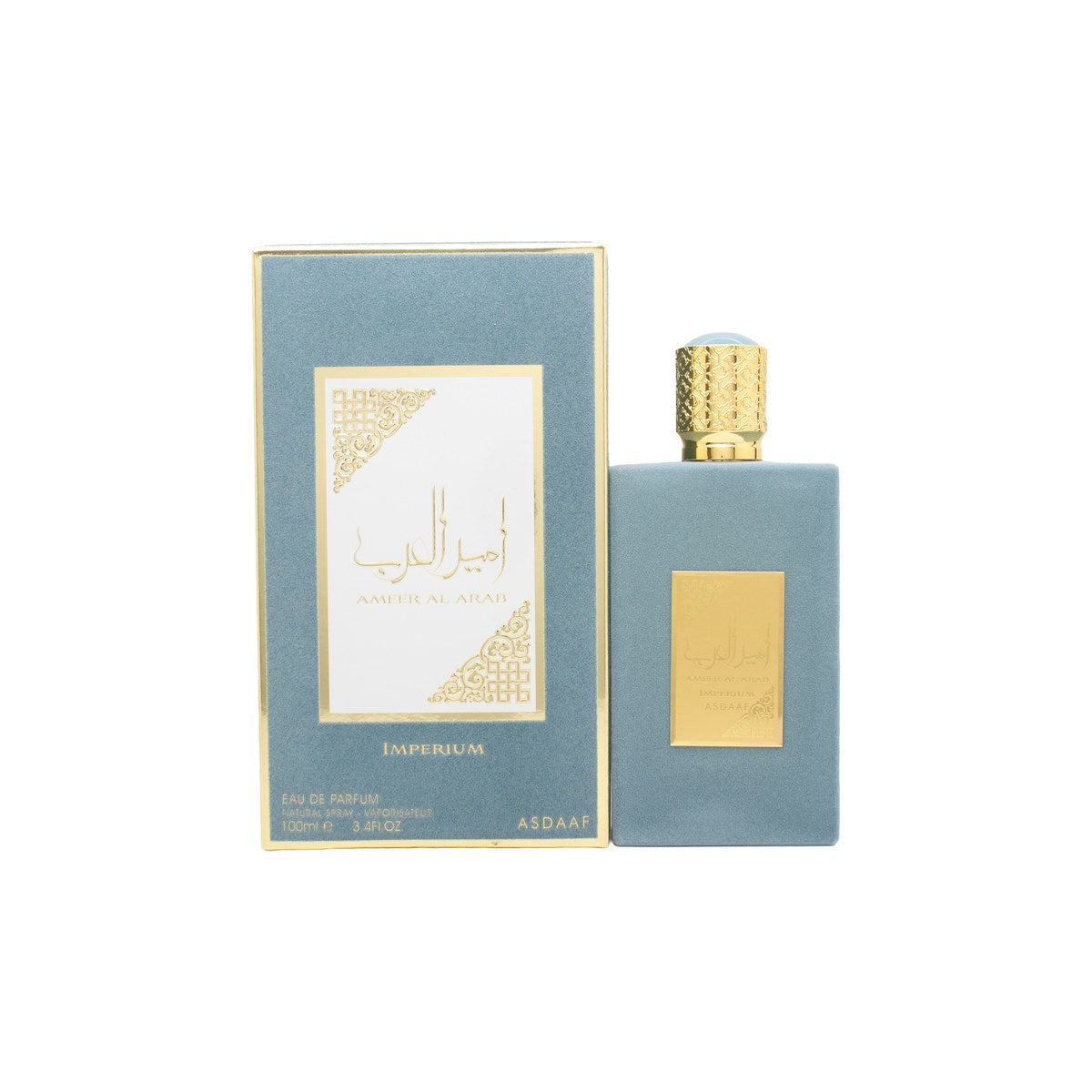 Asdaaf Ameer Al Arab Imperium Eau de Parfum 100ml, Asdaaf – sort, kantet glasflaske med gyldent låg og elegant arabisk logo.