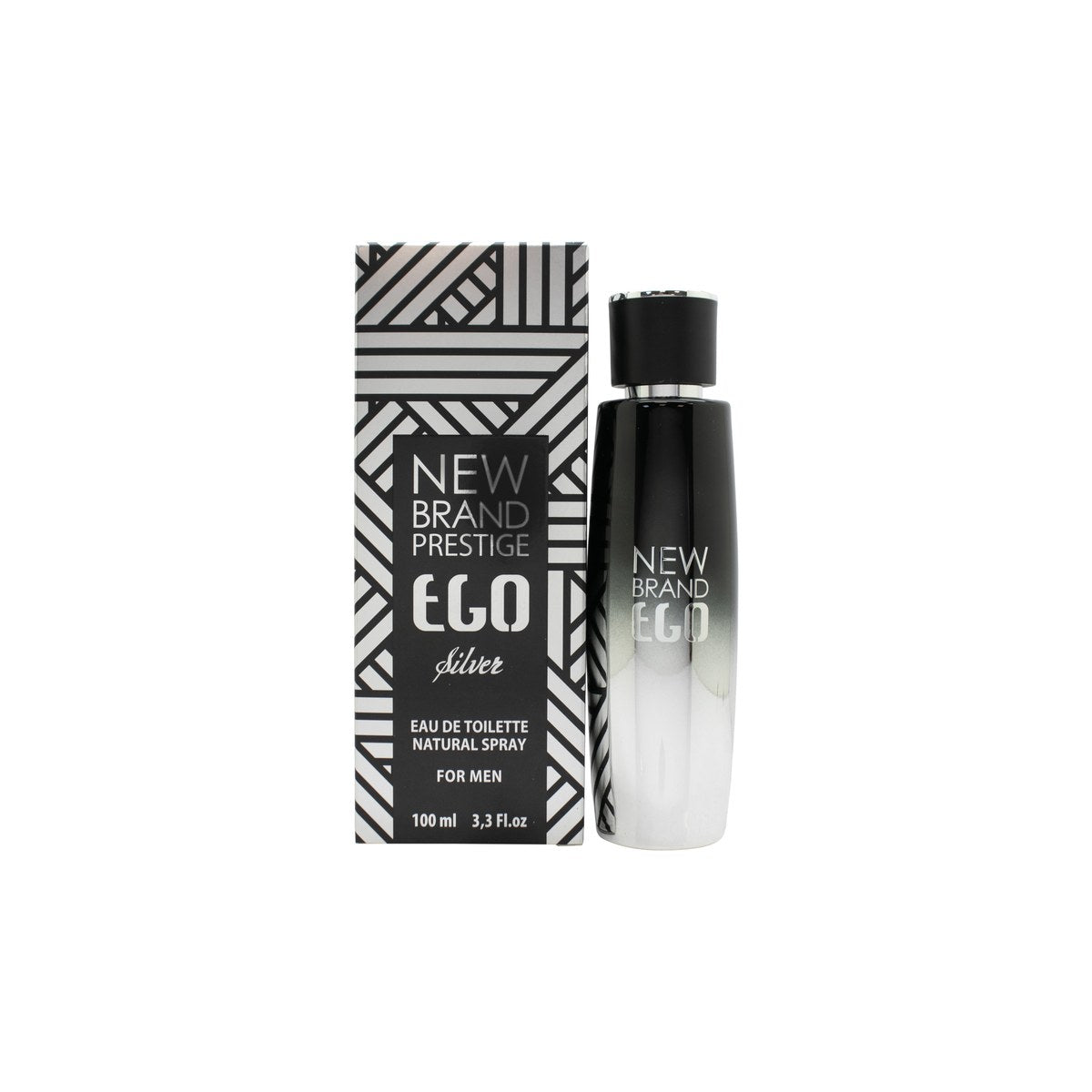 New Brand Ego Silver Eau de Toilette 100 ml – sølvfarvet, rektangulær flakon med sort låg.