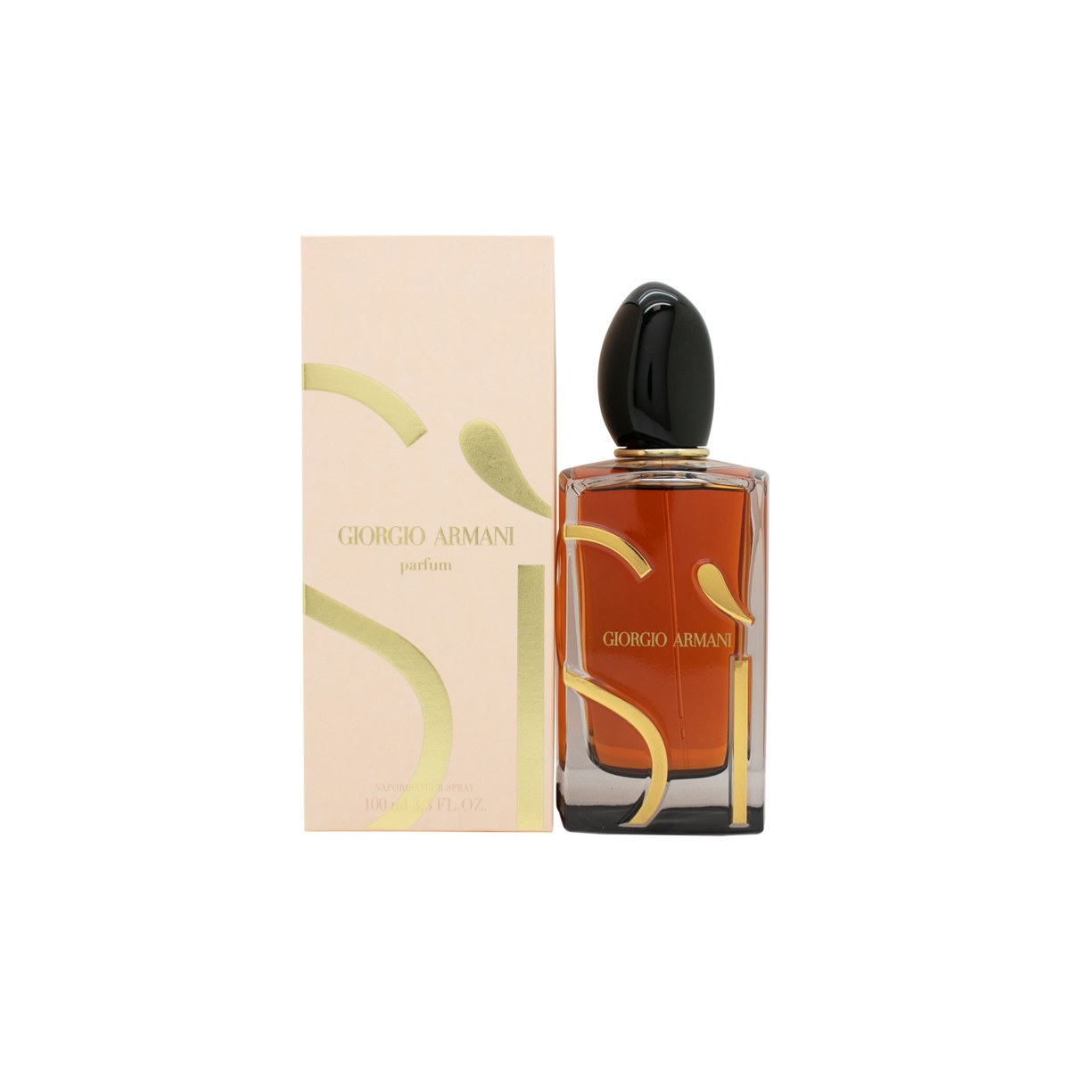 Giorgio Armani Sì Parfum, Giorgio Armani, 100 ml – elegant klar flakon med rosé duft og sort låg med guldring.