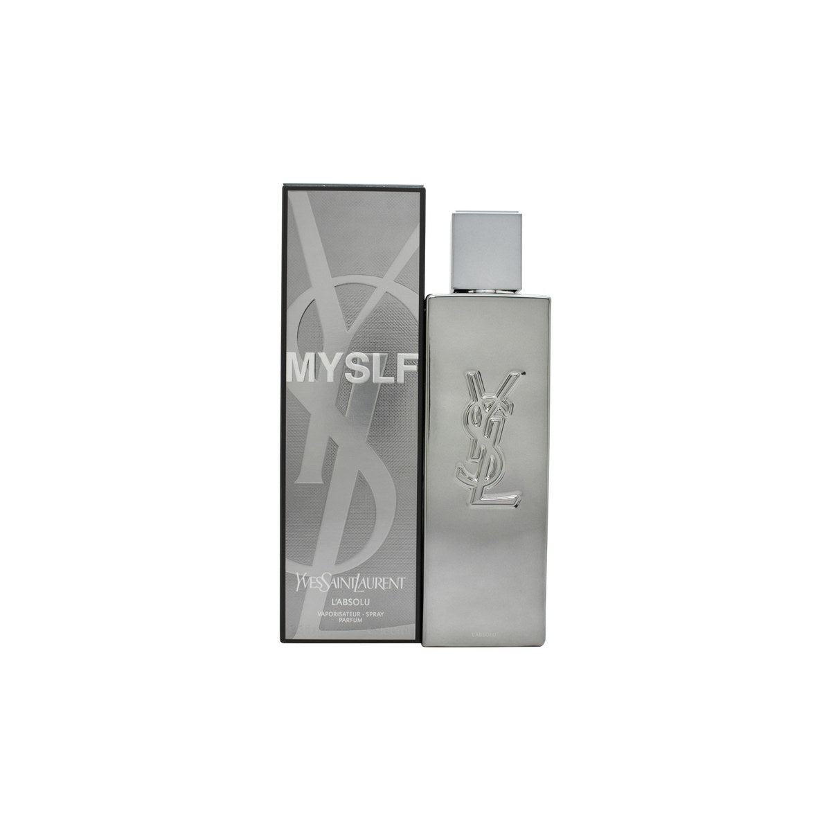 Yves Saint Laurent MYSLF L’Absolu Parfum 100 ml, sort rektangulær glasflaske med blank YSL-logo og sort låg